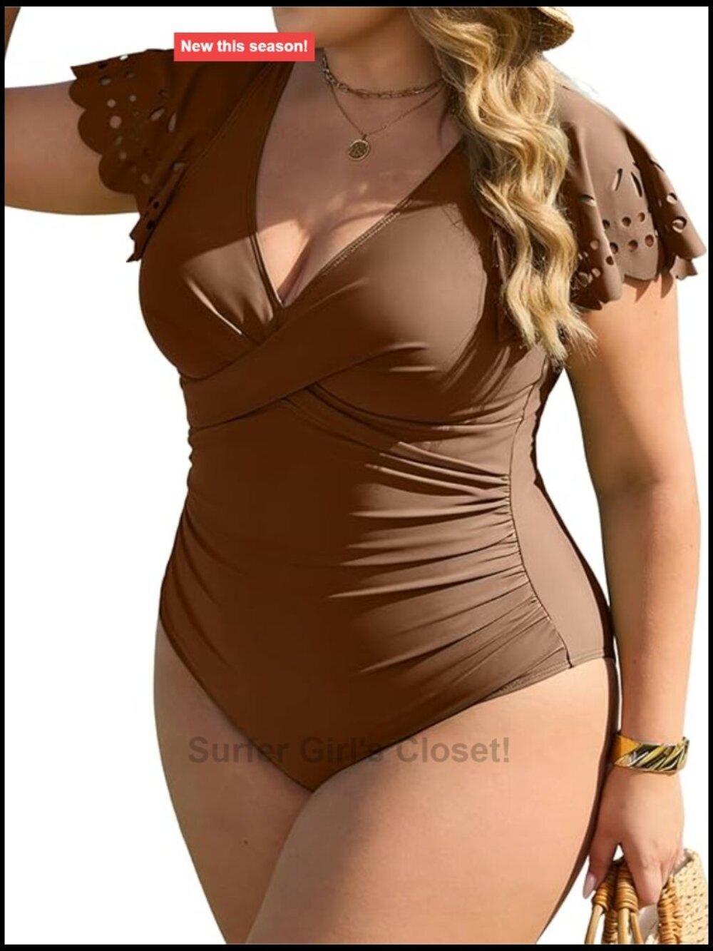 Plus Size One Piece Swimsuit Tummy Control Ruched Cutout Ruffle Sleeve Swimwear